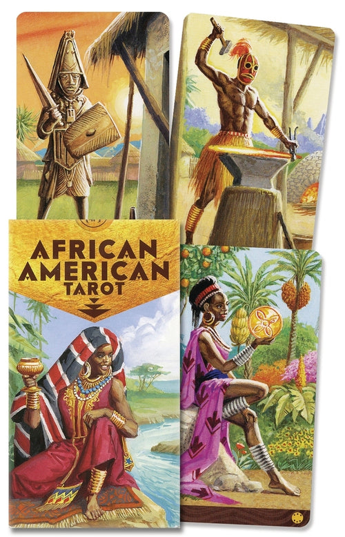Four cards from the African American Tarot deck with various characters and scenery.