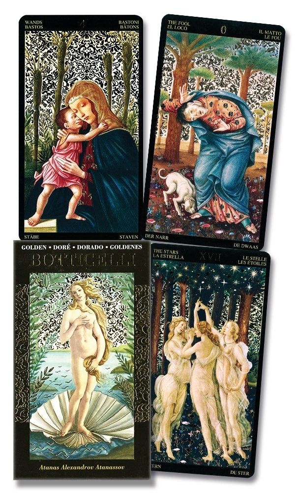 Four tarot cards with classical scenes and figures on a white background