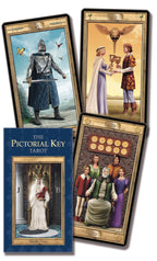 Four tarot cards from 'The Pictorial Key Tarot' with detailed illustrations and a blue box.
