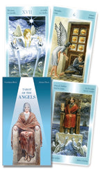 Set of Tarot cards featuring illustrations of angels and a book titled 'Tarot of the Angels'.
