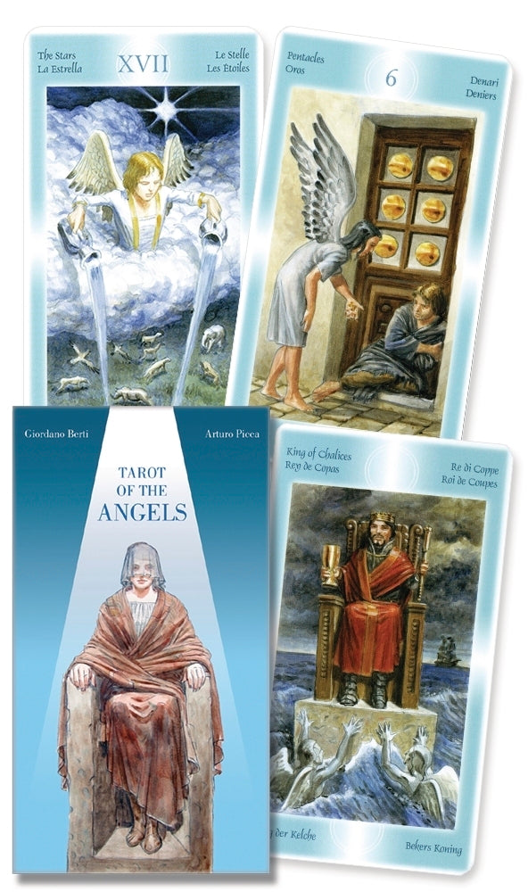 Set of Tarot cards featuring illustrations of angels and a book titled 'Tarot of the Angels'.