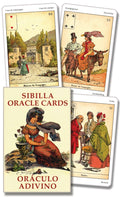Sibilla Oracle Cards with illustrations of people and landscapes on a white background