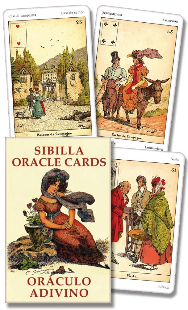 Sibilla Oracle Cards with illustrations of people and landscapes on a white background