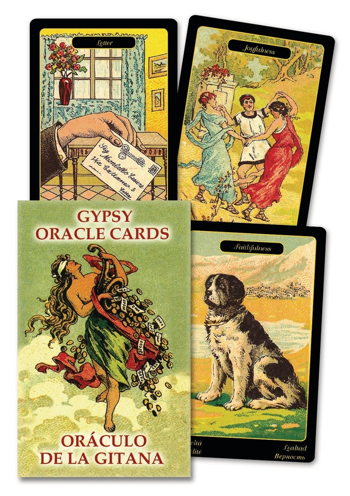 Gypsy Oracle Cards, box and three cards. By Oraculo De La Gitana.