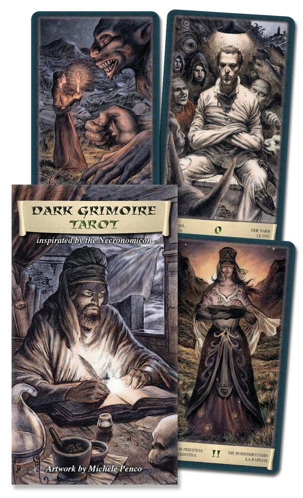 Dark Grimoire Tarot cards with illustrated covers and packaging.