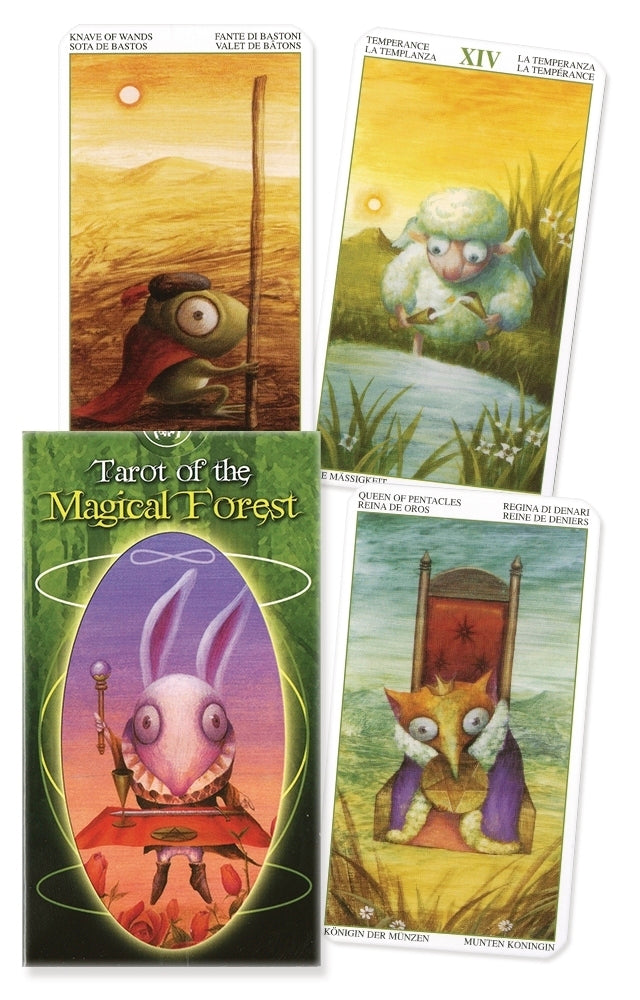 Four tarot cards from 'Tarot of the Magical Forest' with colorful illustrations and text.