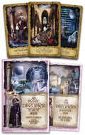 Collection of tarot cards with artistic designs and text on a white background