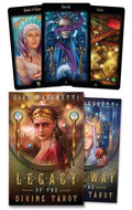 Three tarot cards and two book covers featuring 'Legacy of the Divine Tarot' by Giro Marghetti.