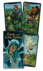 Set of Tarot cards titled 'Tarot of the Celtic Fairies' with colorful illustrations of fairies and a boy.