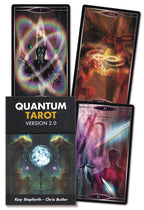 Quantum Tarot cards with colorful designs and text on a white background