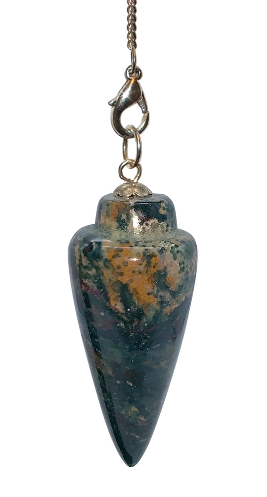 Bloodstone pendulum with chain on a white background