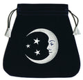 Black drawstring bag with a white moon and star design on a white background