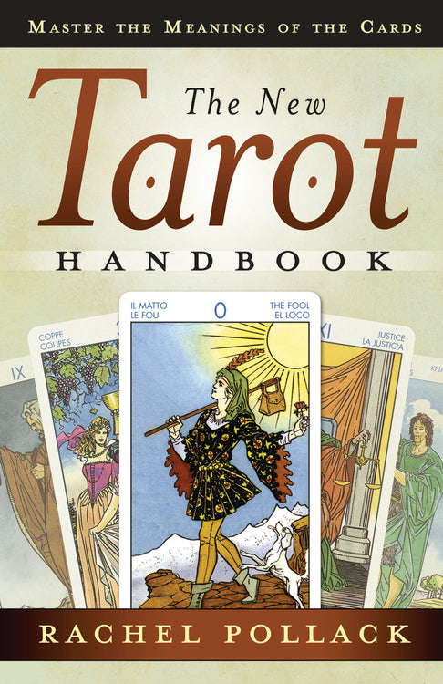 Book cover of 'The New Tarot Handbook' by Rachel Pollack with tarot card illustrations.