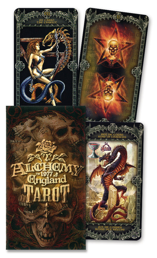 Four tarot cards from the 'Alchemy of England Tarot' set with intricate designs and text.