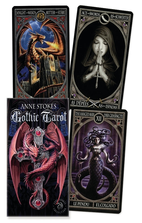 Four tarot cards from Anne Stokes Gothic Tarot set with dark and mystical designs.