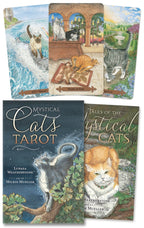 Collection of books and tarot cards featuring cats in various settings.