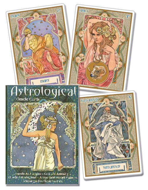 Four astrological oracle cards with artistic designs on a white background