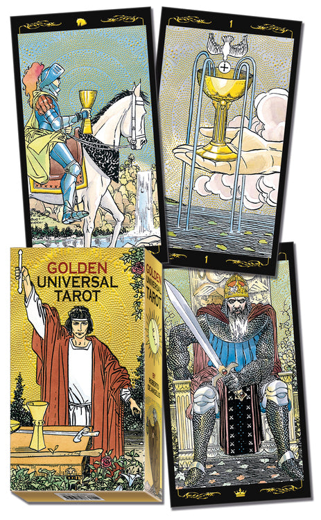 Golden Universal Tarot cards with illustrations of characters and a box on a white background