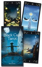 Four tarot cards from the 'Black Cats Tarot' by Maria Kurana, featuring cats and mystical elements.