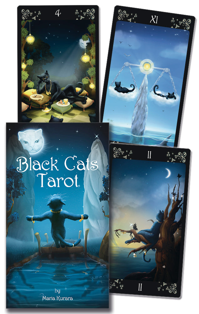 Four tarot cards from the 'Black Cats Tarot' by Maria Kurana, featuring cats and mystical elements.