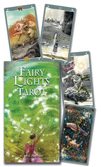 Fairy Lights Tarot cards with a tarot card holder featuring a woman and fairy design.