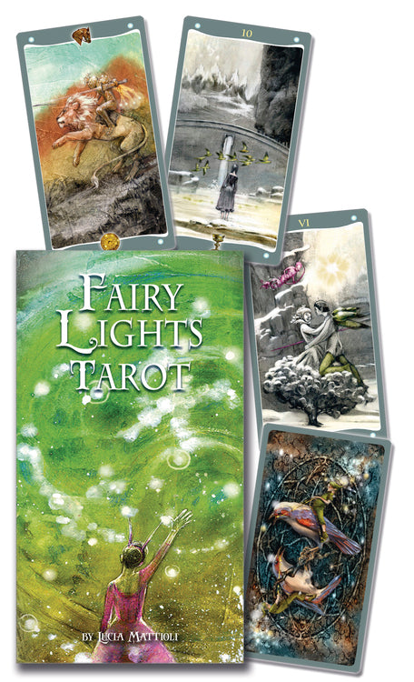 Fairy Lights Tarot cards with a tarot card holder featuring a woman and fairy design.
