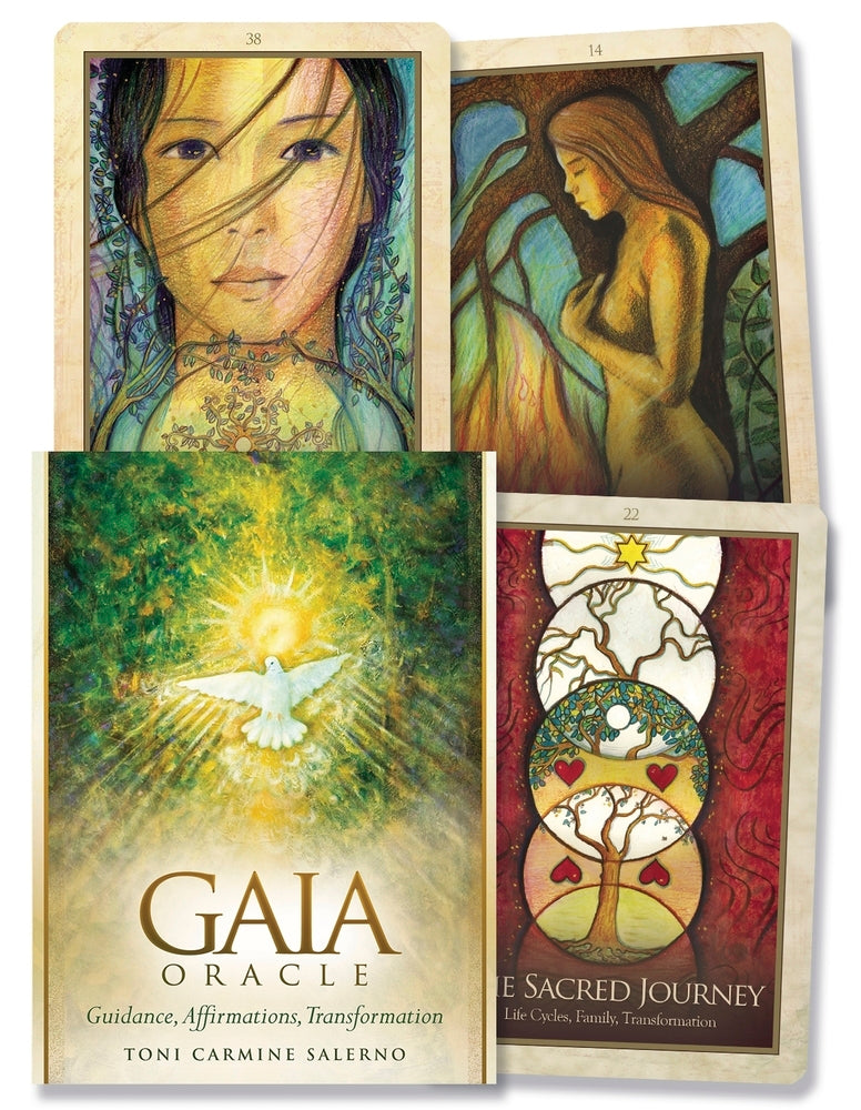 Gaia Oracle cards with artistic illustrations and cover displaying 'Gaia Oracle' by Toni Carmine Salerno.
