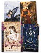 Collection of Oracle cards featuring fantasy characters with a prominent 'Oracle of the Dragonfae' card.