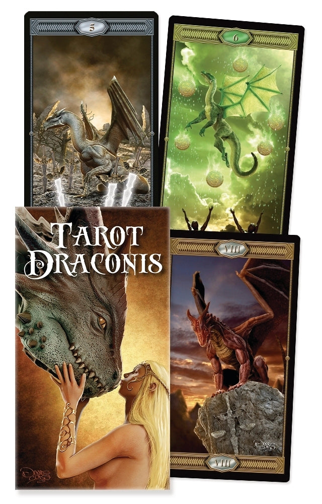 Four tarot cards featuring dragons and a woman, with 'Tarot Draconis' branding.