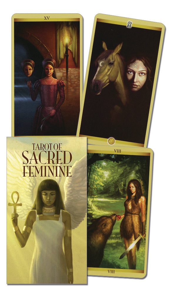 Tarot cards from the 'Sacred Feminine' deck with images of women and animals on a white background.