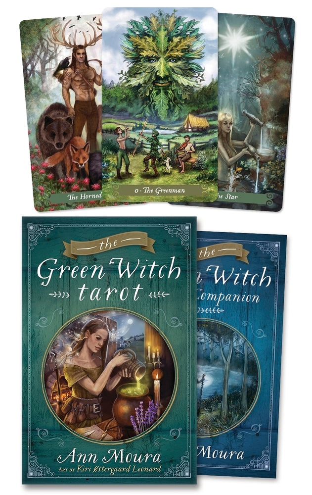 Green Witch tarot cards with cover and companion book displayed.