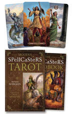 Modern Spellcasters Tarot cards and book with illustrated characters on a white background