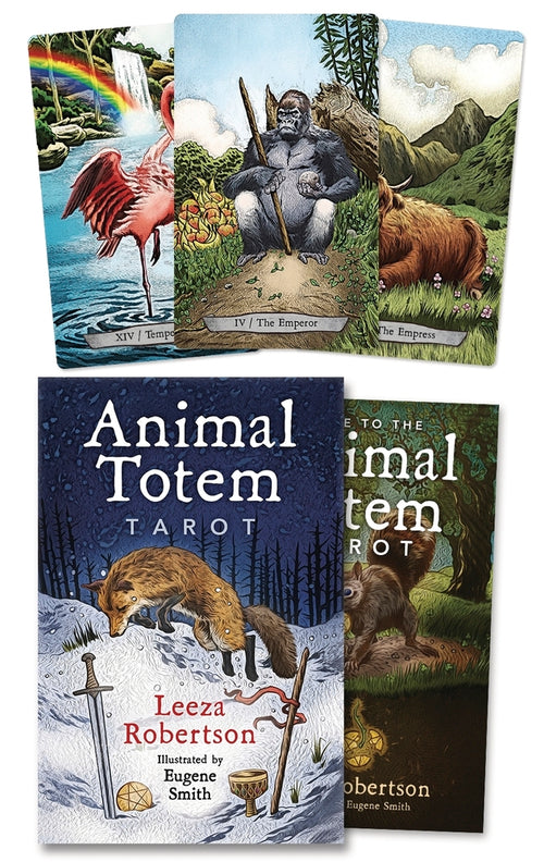 Collection of Animal Totem Tarot cards and book with illustrations of animals and nature scenes.