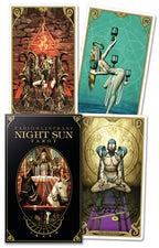 Four tarot cards from the 'Night Sun Tarot' by Fabio Listrani, featuring intricate artwork and symbols.
