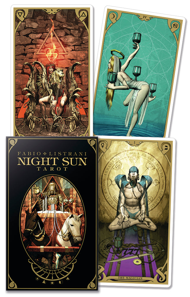 Four tarot cards from the 'Night Sun Tarot' by Fabio Listrani, featuring intricate artwork and symbols.