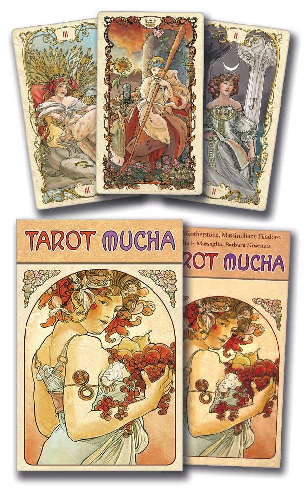 Set of Tarot cards with decorative covers featuring artistic illustrations.
