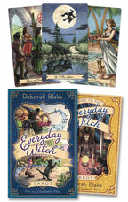 Collection of 'Everyday Witch' tarot cards and books with illustrations and text.