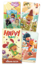 Set of colorful tarot cards with cartoon characters and 'Happy Tarot' branding.