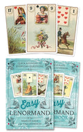 Two books titled 'Easy Lenormand Book' with illustrations of cards on the cover, surrounded by playing cards.