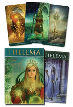 Collection of tarot cards with 'Thelema' branding and illustrations of deities.