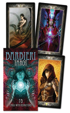Barbieri Tarot cards with four card illustrations on a red background