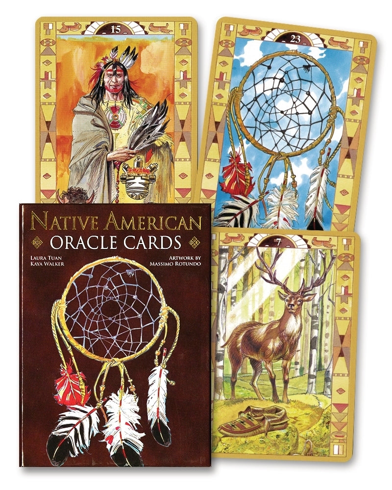 Native American Oracle Cards with cover showing a Native American figure, dreamcatcher, and deer.