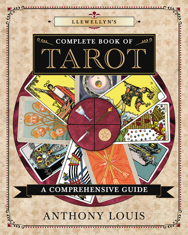 Book cover of 'Llewellyn's Complete Book of Tarot' by Anthony Louis with tarot card designs.