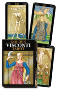 Golden Visconti Tarot cards with detailed artwork on a black background