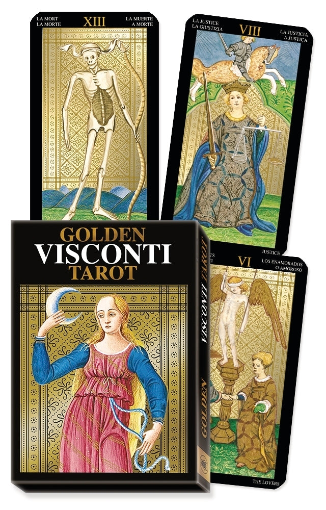 Golden Visconti Tarot cards with detailed artwork on a black background