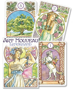 Four Art Nouveau-style tarot cards with decorative designs and figures.