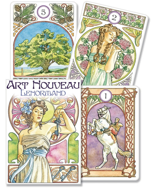 Four Art Nouveau-style tarot cards with decorative designs and figures.