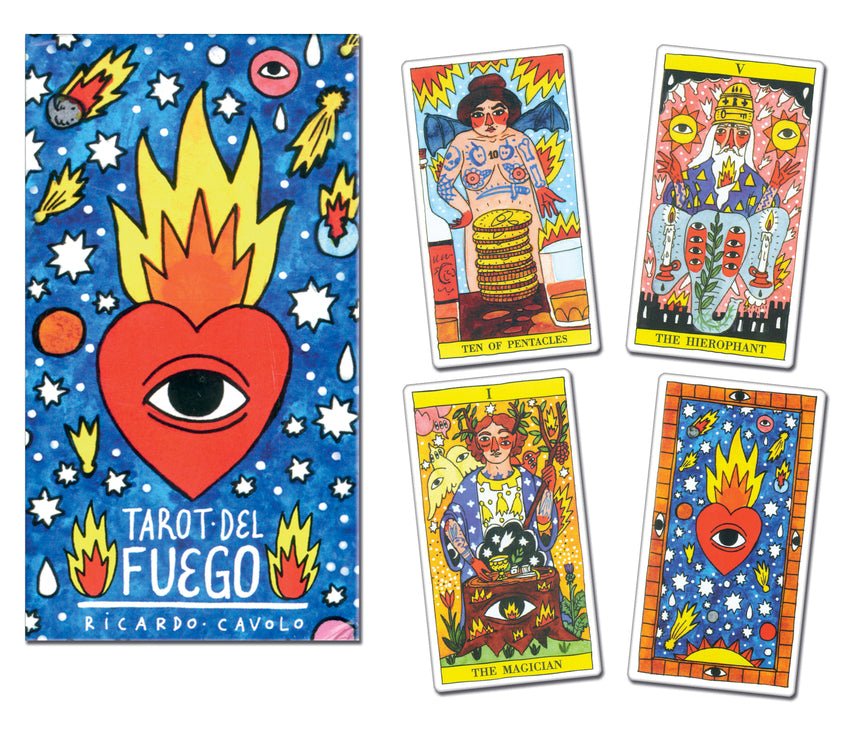 Colorful tarot cards from 'Tarot del Fuego' with vibrant designs and text.