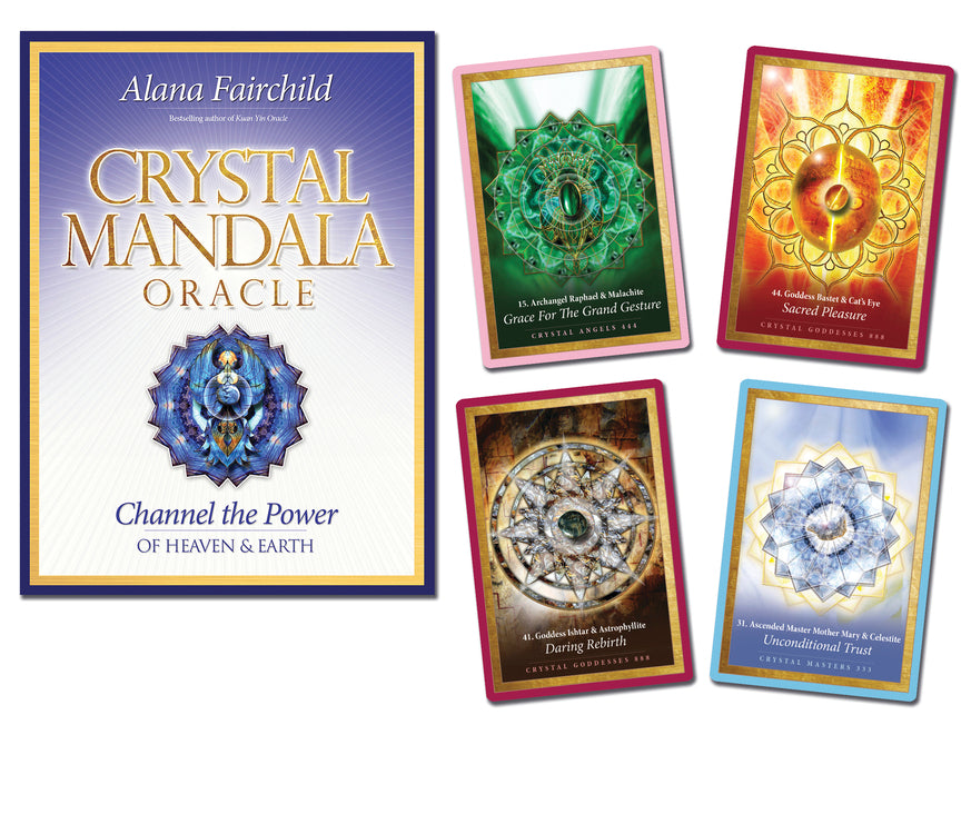 Crystal Mandala Oracle cards by Alana Fairchild with colorful card designs on a white background.
