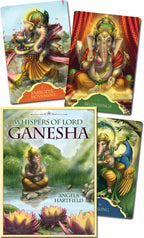 Four card designs featuring Lord Ganesha from a book titled 'Whispers of Lord Ganesha' by Angela Hartfield.